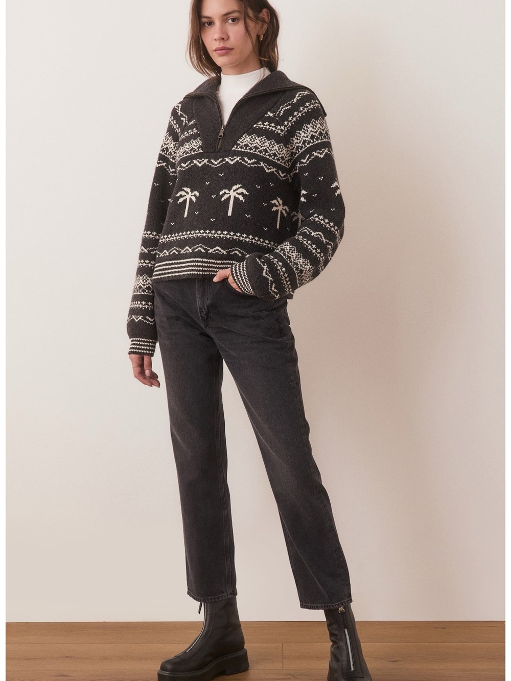Marine Layer Charcoal & Cream Fair Isle Zip Mock-Turtleneck Sweater